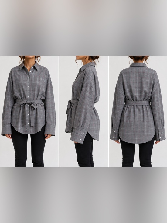 New Revival Tops - New Revival Women’s Oversized Plaid Belted Button Down Shirt Gray Size M